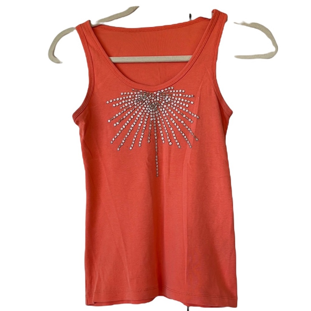 Tory Burch Salmon Coral Tank Top with Silver Leather Embellishments